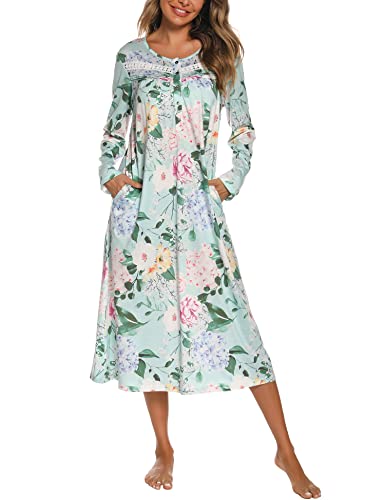 YOZLY Nightgowns for Women Cotton Long Sleeve Night Gwon Ladies House Dress Floral Green, Large