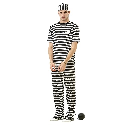 Prisoner Jumpsuit Halloween Costume - Unisex Inmate Jail Costume - Unisex for Adults - White and Black Large