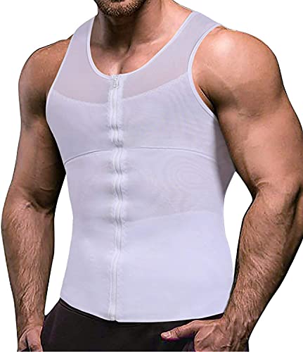 MISS MOLY Compression Shirts for Men to Hide Gynecomastia Moobs Slimming Body Shaper Vest Abs Tank Top Undershirt,White L