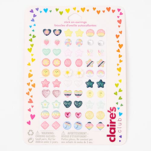 Claire's Club Little Girls Clear Special Occasion Dress Up Stick on Earrings with Hearts, Flowers, Gems and More, 30-Pairs