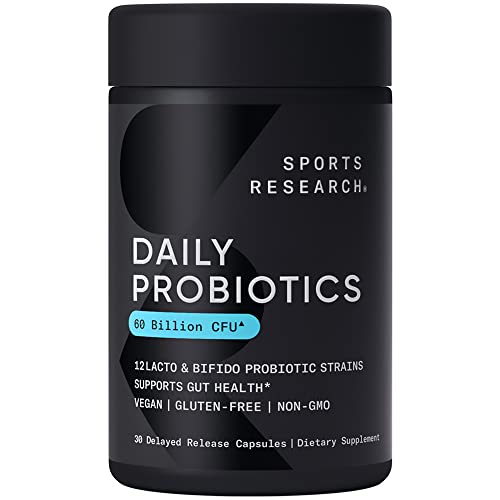 Sports Research Daily Probiotics with Prebiotics, 60 Billion CFU - Vegan Capsules for Gut Health & Digestive Support, Probiotics for Women & Men - Non-GMO Verified & Gluten Free - 30 Count