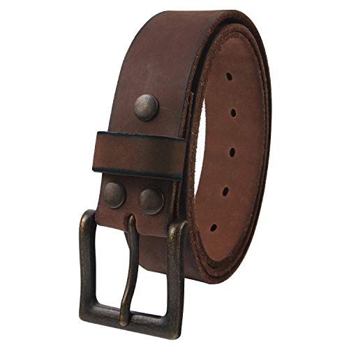 NPET Mens Leather Belt Full Grain Vintage Distressed Style Snap on Strap 1 1/2' Wide (44 for 42' waist, Coffee with Black Brass Buckle)