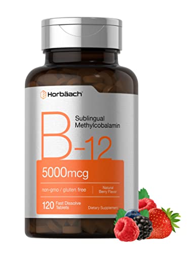 Horbäach B12 Sublingual Methylcobalamin | 5000mcg | 120 Fast Dissolve Tablets | Vegetarian, Non-GMO and Gluten Free Supplement