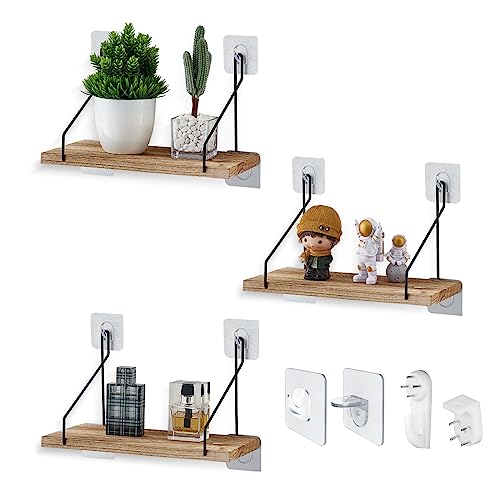 CONDRA FIELD No Drill Shelf,3 Pack Upgrade Floating Shelves with 3 Installation Options,Students and Renter Friendly Wall Hanging Shelves,Perfect for Dorm,Bathroom,Kitchen,Living Room.