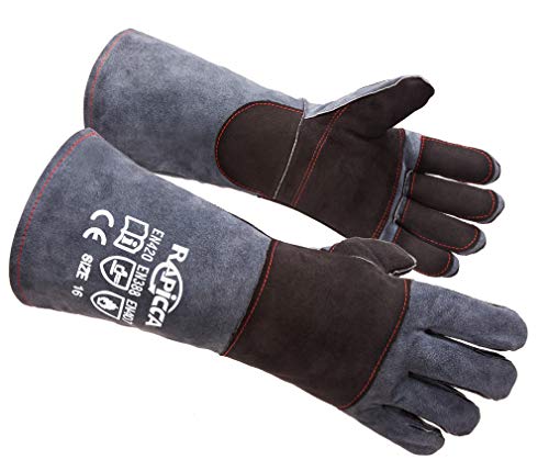 RAPICCA Animal Handling Gloves Bite Proof Double Leather Reinforced Padding Dog,Cat Scratch,Bird Handling Falconry Gloves Grabbing Reptile Squirrel Snake Bite 16in Grey-Black