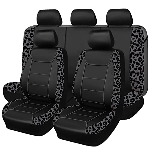 Flying Banner Carbon Fiber Leather Vehicle Seat Covers, Leopard Gray Black, Universal Fit - 8PCS