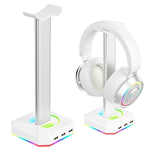 TuparGo White Headphone Stand for Desk RGB Lights Headset Holder with 3 USB Port for Connect Keyboard,Mouse,Headset or Charging,Suitable for All Over-Ear Headphone (White)