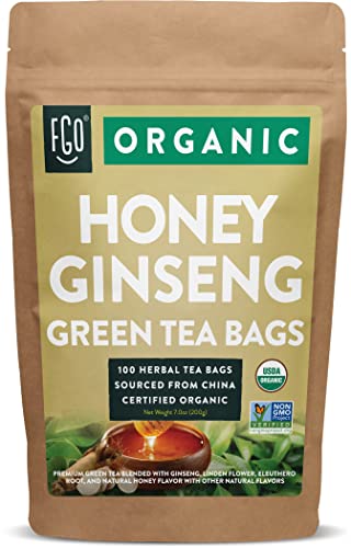 FGO Organic Honey Ginseng Green Tea, Eco-Conscious Tea Bags, 100 Count, Packaging May Vary (Pack of 1)