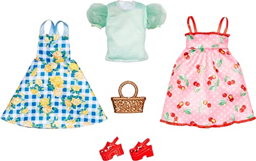 Barbie Fashions Doll Clothes and Accessories Set, 2 Picnic-Themed Dresses with Basket and Shoes for 2 Complete Outfits