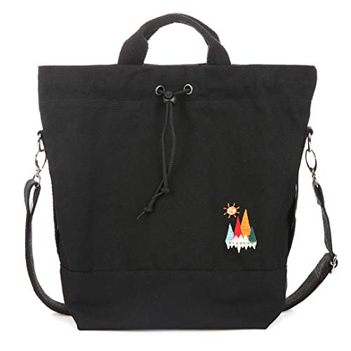 Women Canvas Tote Handbags Casual Shoulder Work Bag Crossbody Bag with Sunshine Embroidery (Black) Medium