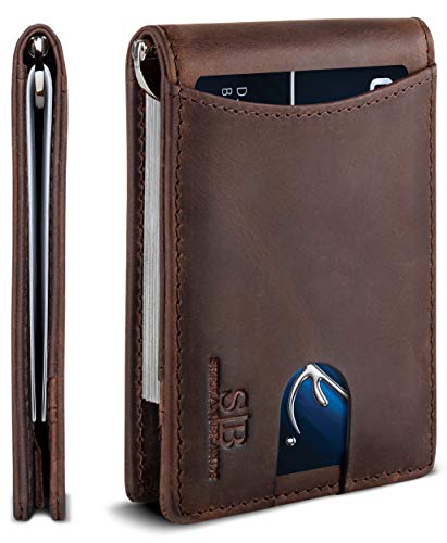 SERMAN BRANDS RFID Blocking Slim Bifold Genuine Leather Minimalist Front Pocket Wallets for Men with Money Clip Thin Gift (Texas Brown 1.S)