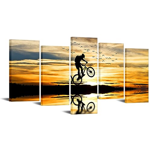 VVOVV Wall Decor Mountain Bike Wall Art Bike Art Prints Wall Decor Sunset Landscape Painting Framed Ready to Hang Large 5 Pieces