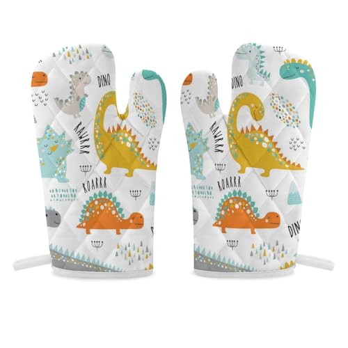 Dinosaurs Colorful Seamless On White 2-Piece Kitchen Oven Gloves, Double Thickened Gloves with Hanging Loop Mittens for Men Women Home Cooking 11.8 x 5.5 inch