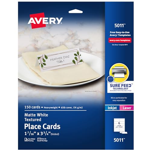 Avery Printable Place Cards with Sure Feed Technology, 1-7/16' x 3-3/4', Textured White, 150 Blank Place Cards for Laser or Inkjet Printers (05011)