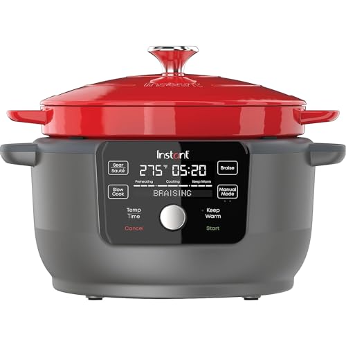 6-Quart 1500W Electric Dutch Oven with Recipe Book - Braise, Slow Cook, Sear, Warm, Red Enameled Cast Iron