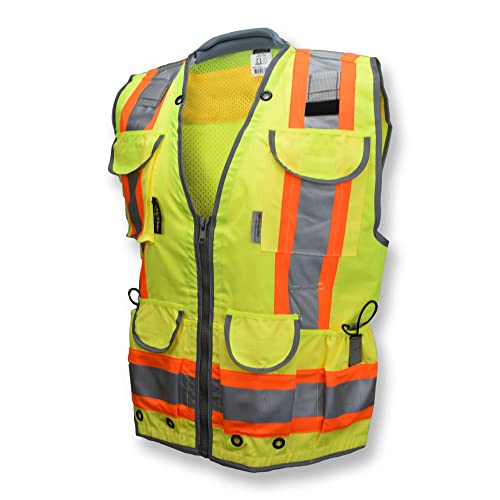 Radians SV55 Class 2 Heavy Woven Two Tone Engineer Vest with Padded Neck to Support Extra Weight in Cargo Pockets, Green, X-Large