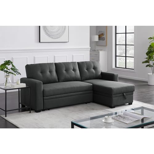 Devion Furniture L-Shaped Polyester Fabric Reversible, Easy Convertible Pull-Out Sleeper Sectional Sofa/Storage Chaise with Tufted Back Cushions and Track Arms in Dark Gray