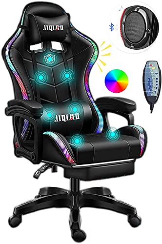 Gaming Chair with Bluetooth Speakers, Video Game Chairs Gaming Lights- Ergonomic Massage Gaming Chair Full Massage Lumbar Support Adjustment of Backrest Dual Gaming Chair…