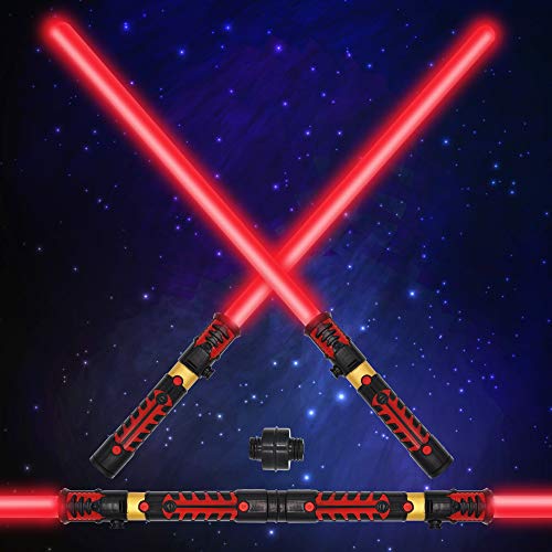 Light Up 2-in-1 LED FX Dual Red Light Swords Set with Sound (Motion Sensitive) and Realistic Handle for Halloween Costume Accessories Party Favor, Xmas Presents, Galaxy War Fighters and Warriors