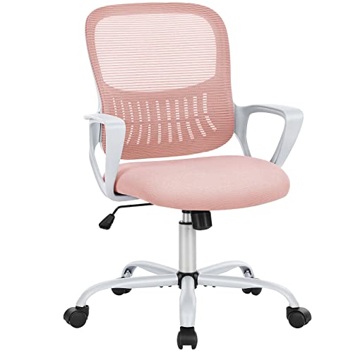 SMUG Office Computer Desk Chair, Ergonomic Mid-Back Mesh Rolling Work Swivel Task Chairs with Wheels, Comfortable Lumbar Support, Comfy Arms for Home, Bedroom, Study, Dorm, Student, Adults, Pink