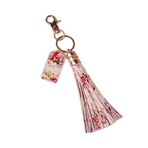 Lantintop Multicolor Monogram Leather Tassel Women Keychain Bag Pendant Alloy Car Key Chain Ring Holder Retro Jewelry (White Pink)