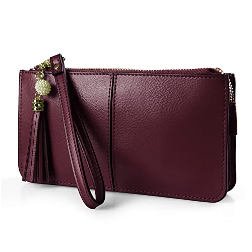 befen Small Wristlet Wallets for Women, Leather Wristlet Clutch Purse with Multifunctional Pocket - Burgundy Red