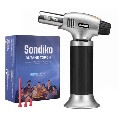 Sondiko Butane Torch S400, Refillable Kitchen Lighter, Fit All Butane Tanks Blow Torch with Safety Lock and Adjustable Flame for Desserts, Creme Brulee, and Baking—Butane Gas Is Not Included