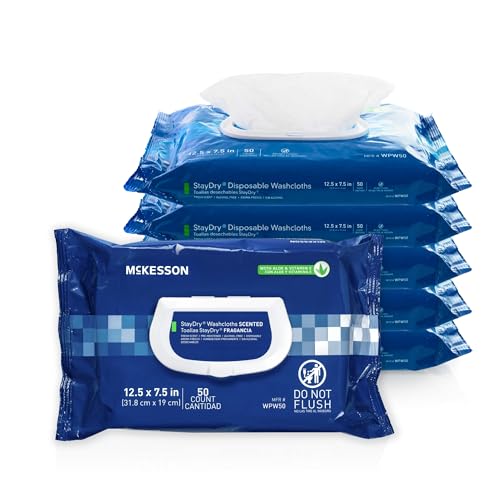 McKesson StayDry Disposable Wipe 6 Pack, 300 Washcloths - Large Adult Body and Incontinence Washcloths with Aloe and Vitamin E, Alcohol-Free, 50 Wipes Per Pack