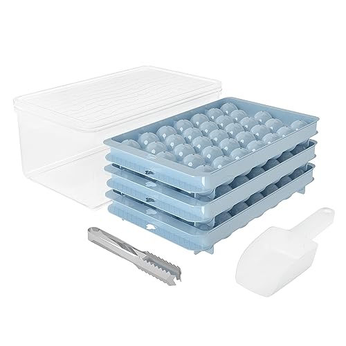 FEIMINI Round Ice Cube Tray Set, Sphere Ice Cube Mold Making 99 x 1.0IN Small Round Ice Cubes, Circle Ball Ice Trays (3 Trays, 1 Ice Container with Lid & Bin, and Clip & Scoop)