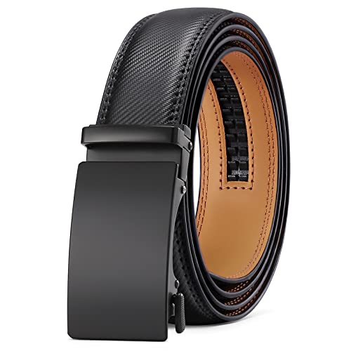 SENDEFN Leather Belt for Men Automatic Ratchet Buckle Slide Dress Casual Belts 1 3/8'' Wide Adjustable Trim to Fit(Black-30)