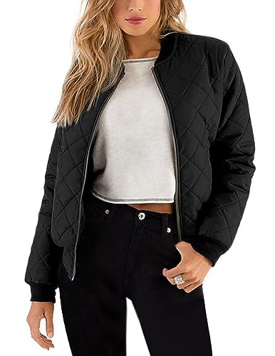Zeagoo Women Winter Quilted Bomber Jacket with 2 Pockets Zip Up Casual Coat Outwear Black Large
