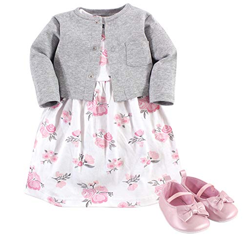 Hudson Baby baby girls Cotton Dress, Cardigan and Shoe Set Casual Dress, Pink Gray Floral, 6-9 Months US