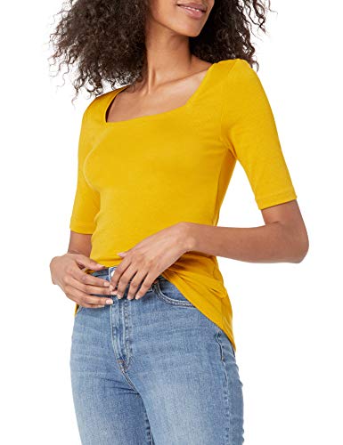 Amazon Essentials Women's Slim-Fit Half Sleeve Square Neck T-Shirt, Dark Yellow, Medium