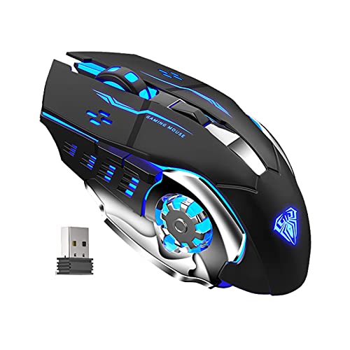 AULA SC100 Silent Wireless Gaming Mouse Rechargeable, with Side Buttons, LED Backlit, DPI Adjustable, 2.4G Wireless Optical Computer Mice Punk Cool Mouse for Games/Work (Black)