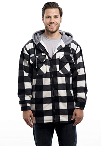 Trail Crest Mens Buffalo Plaid Classic Sherpa Lined Zip Up Hooded Shirt Jacket, White, X-Large