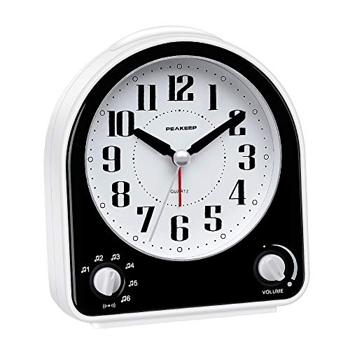 Peakeep Analog Alarm Clock Non-Ticking Silent, Optional 7 Wake-up Sounds with Volume Control, Nightlight and Snooze, AA Battery Operated (Black)
