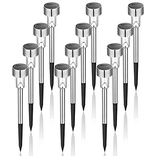GIGALUMI Solar Lights Outdoor Waterproof, 12 Pack, Stainless Steel LED Solar Garden Lights for Patio, Lawn, Yard and Landscape, Cold White