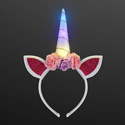 FlashingBlinkyLights Light Up Unicorn Headband with Ears, Flowers & Magical Color Changing LED Horn