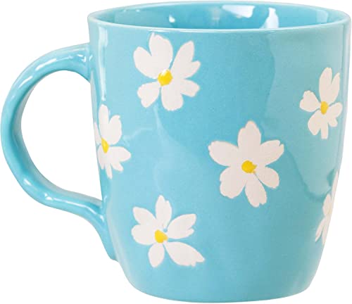 WORLD TRAVELER Eccolo Daisies Ceramic Coffee Mug, White and Blue Floral Handpainted Stoneware Tea Cup with Handles is Microwave, Dishwasher Safe, Medium Size Hot Drinking Cup - 16 Oz 473 ML