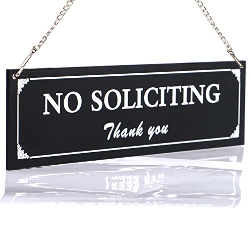 BEDEONE No Soliciting Sign for House, Strong Self Adhesive No Soliciting Signs for home, Hanging No Solicitors Sign for Front Door - Premium Frosted Material with Digitally Printed, Come with Chain