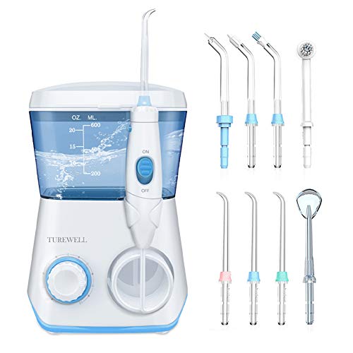 TUREWELL Water Flossing Oral Irrigator, 600ML Dental Cleaner 10 Adjustable Pressure, Electric Oral Flosser for Teeth/Braces, 8 Water Jet Tips for Family (White)