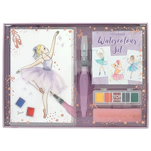 Depesche 12248 TOPModel Ballet Watercolour Paint Set with 20 Sheets Motif Templates on Watercolour Paper Creative Painting Set with 5 Watercolour Paints, Brush Pen and Sponge, Multi-Colour