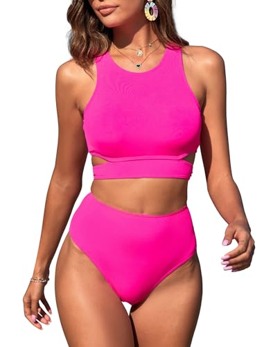 ZAFUL Women's High Waisted Cut Out Bikini Scoop Neck Swimsuit Two Pieces Bathing Suit Midkini Hot Pink M