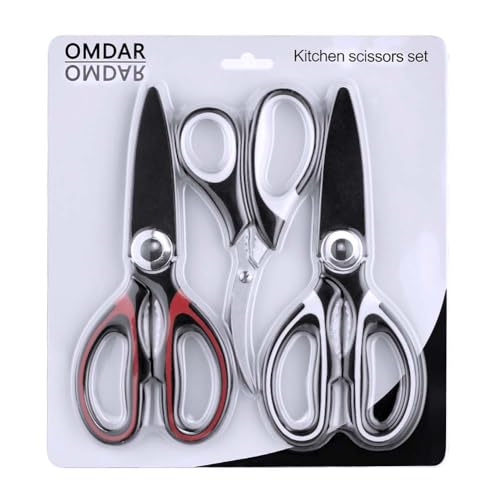 OMDAR Kitchen Scissors 3 Pack - Lifetime Replacement Warranty - Heavy Duty Stainless Steel Cooking Shears for Cutting Meat, Food, Fish, Poultry Multipurpose Sharp Sissors for Dishwasher Safe