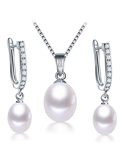 HENGSHENG Genuine Pearl Jewelry Set Pearl Pendant Necklace &Pearl Earrings Set Zircon Dangle Drop Earrings S925 Sterling sliver Wedding Gift