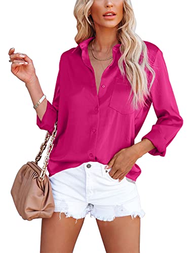 OMSJ Women's Button Down Shirts Satin V Neck Long Sleeve Casual Work Blouse Tops with Pocket (1173S, Rose Red)
