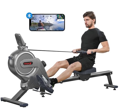 Dripex Magnetic Rowing Machine for Home Use, Super Silent Indoor Bluetooth Rower with 16-Level Adjustable Resistance, Double Aluminum Sliding Rail, LCD Monitor Fit for Gym, Max 350lb Weight Capacity