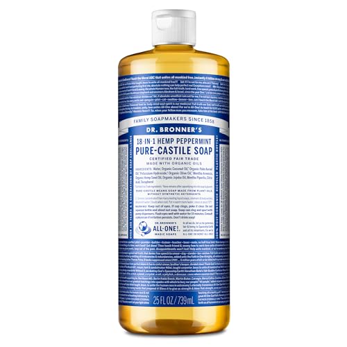 Dr. Bronner’s - Pure-Castile Liquid Soap (Peppermint, 25 Ounce) - Made with Organic Oils, 18-in-1 Uses: Face, Body, Hair, Laundry, Pets and Dishes, Concentrated, Vegan, Non-GMO