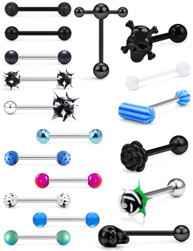 Ylqjksk Tongue Rings Surgical Steel 14G Tongue Piercing Jewelry Plastic Tongue Rings for Women Men Clear CZ Acrylic Skull Ghost Pill Glow Dark Flower T Shape Glitter Tongue Ring Rainbow 5/8inch 16MM