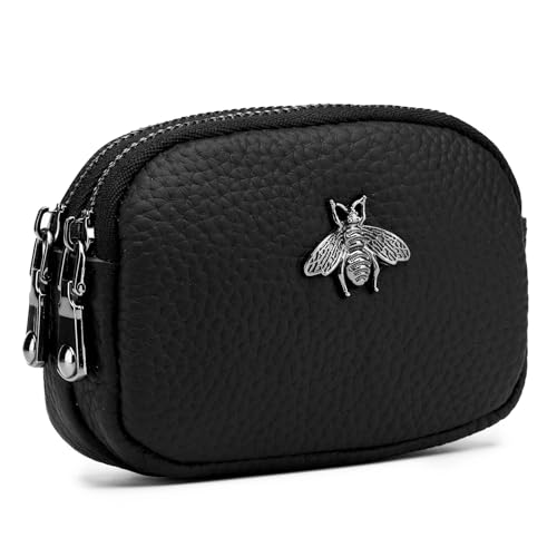 imeetu Women Leather Coin Purse, Small 2 Zippered Change Pouch Wallet(Black)